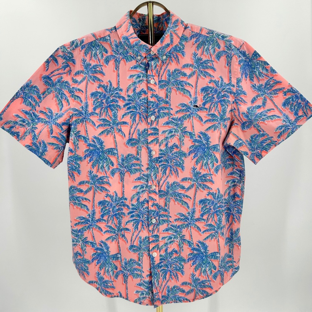 Vineyard Vines Slim Fit Whale Shirt Mens Large Pink Palm Tree Tropical Cotton SS